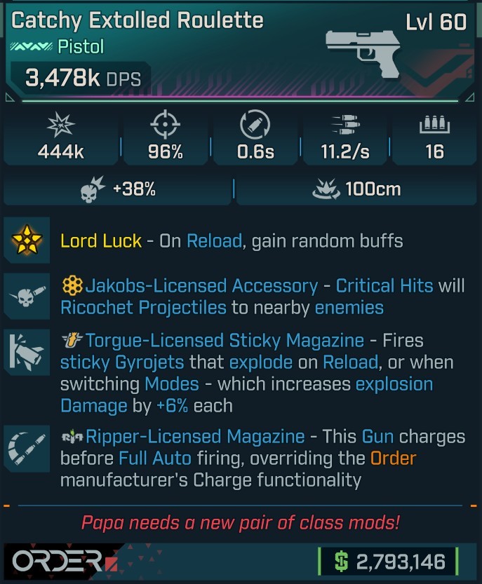 ⭐[MODDED] L60 ROULETTE - 3,478K DPS - 96% ACC - 11.2s FIRE RATE - 0.6s RELOAD - RIPPER MAG (INSTANT) - STICKY GYROJETS!⭐