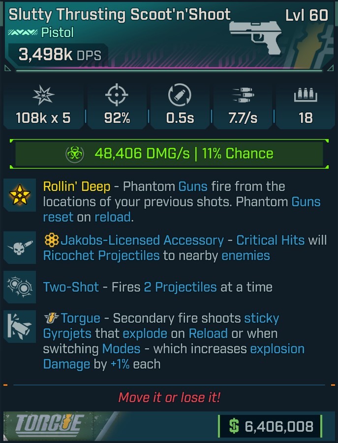 ⭐[MODDED] L60 SCOOT'N'SHOOT (CORROSIVE) - 3,498K DPS - 92% ACCURACY - 7.7/s FIRE RATE - 0.5s RELOAD - 2 PROJECTILES - STICKY GYROJETS⭐