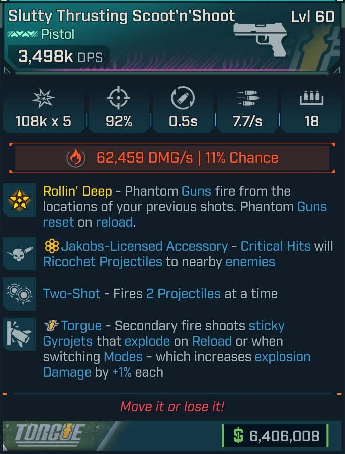 ⭐[MODDED] L60 SCOOT'N'SHOOT (FIRE) - 3,498K DPS - 92% ACCURACY - 7.7/s FIRE RATE - 0.5s RELOAD - 2 PROJECTILES - STICKY GYROJETS⭐