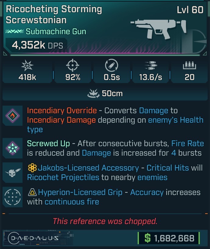 ⭐[MODDED] L60 SCREWSTONIAN (FIRE CONVERT) - 4,352K DPS - 92% ACCURACY - 0.5s RELOAD - 13.6/s FIRE RATE - HYPERION GRIP - RICOCHET⭐