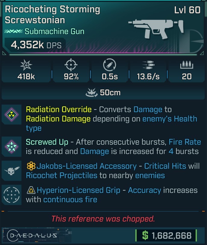 ⭐[MODDED] L60 SCREWSTONIAN (RADIATION CONVERT) - 4,352K DPS - 92% ACCURACY - 0.5s RELOAD - 13.6/s FIRE RATE - HYPERION GRIP - RICOCHET⭐