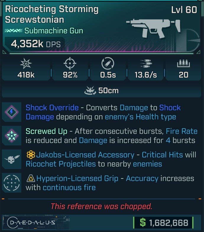 ⭐[MODDED] L60 SCREWSTONIAN (SHOCK CONVERT) - 4,352K DPS - 92% ACCURACY - 0.5s RELOAD - 13.6/s FIRE RATE - HYPERION GRIP - RICOCHET⭐