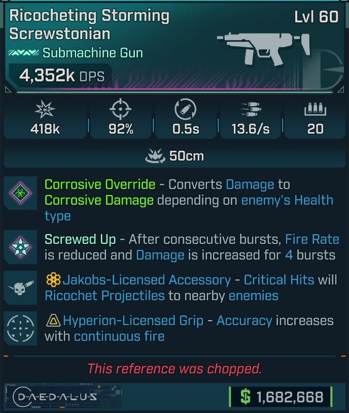 ⭐[MODDED] L60 SCREWSTONIAN (CORROSIVE CONVERT) - 4,352K DPS - 92% ACCURACY - 0.5s RELOAD - 13.6/s FIRE RATE - HYPERION GRIP - RICOCHET⭐