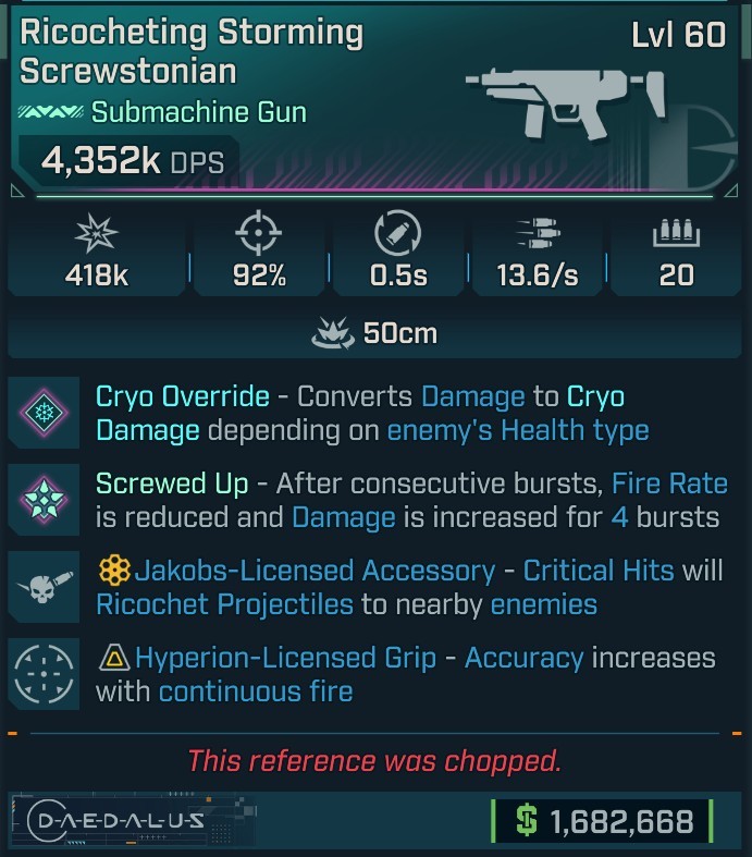 ⭐[MODDED] L60 SCREWSTONIAN (CRYO CONVERT) - 4,352K DPS - 92% ACCURACY - 0.5s RELOAD - 13.6/s FIRE RATE - HYPERION GRIP - RICOCHET⭐