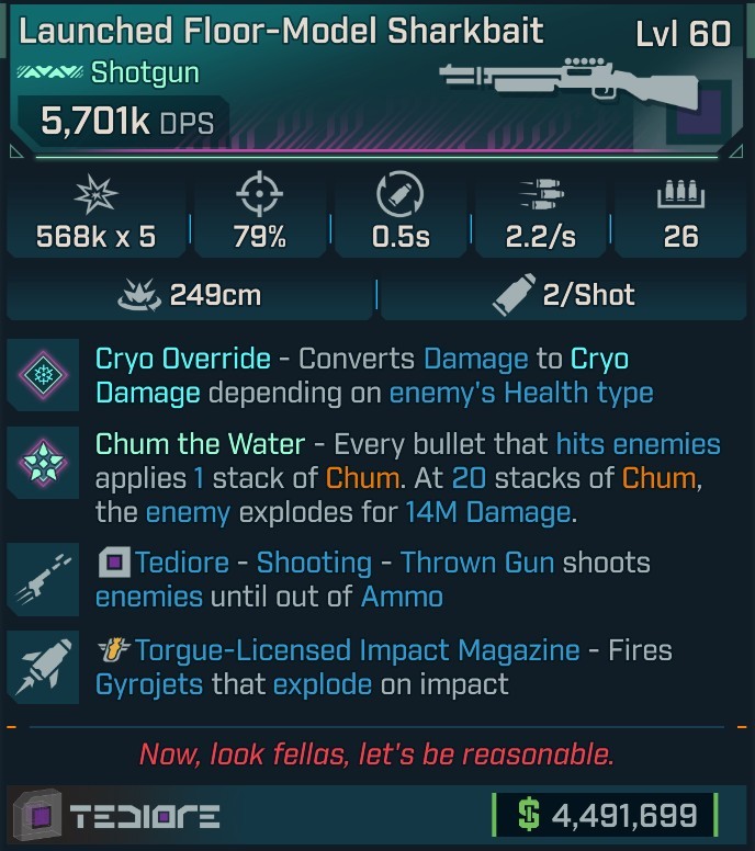 ⭐[MODDED] L60 SHARKBAIT (CRYO CONVERT) - 5,701K DPS - 79% ACCURACY - 2.2/s FIRE RATE - 0.5s RELOAD - 26 MAG SIZE - RICOCHET - GYROJETS⭐