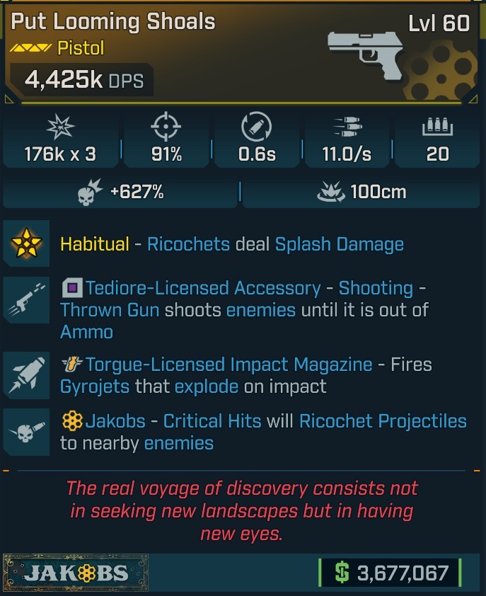 ⭐[MODDED] L60 SHOALS - 4,425K DPS - 627% CRIT DMG - 91% ACCURACY - 06s RELOAD - 11.0/s FIRE RATE - GYROJETS - RICOCHET - TEDIORE SHOOTING⭐