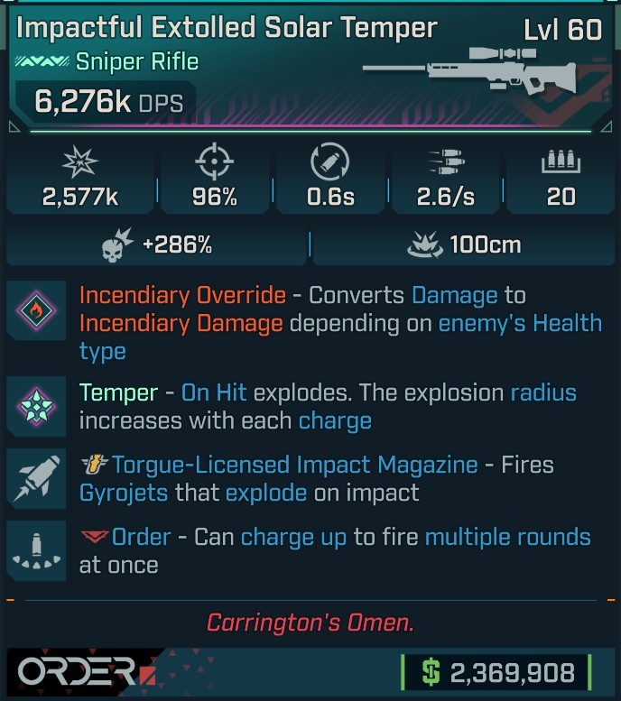 ⭐[MODDED] L60 SOLAR TEMPER (FIRE CONVERT) - 6,276K DPS - 286% CRIT DMG - 96% ACCURACY - 0.6s RELOAD - 2.6/s FIRE RATE - GYROJETS⭐