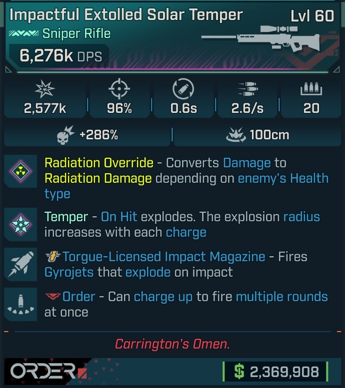 ⭐[MODDED] L60 SOLAR TEMPER (RADIATION CONVERT) - 6,276K DPS - 286% CRIT DMG - 96% ACCURACY - 0.6s RELOAD - 2.6/s FIRE RATE - GYROJETS⭐