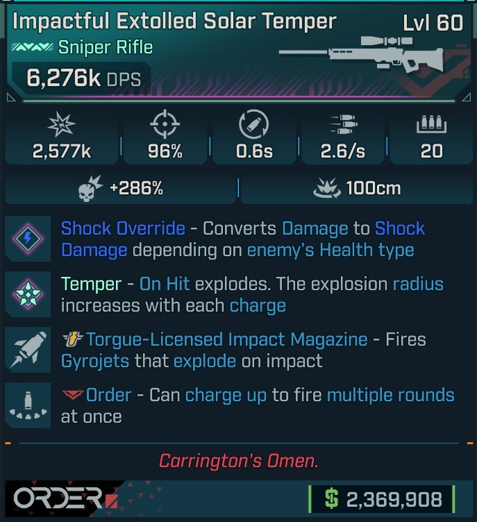 ⭐[MODDED] L60 SOLAR TEMPER (SHOCK CONVERT) - 6,276K DPS - 286% CRIT DMG - 96% ACCURACY - 0.6s RELOAD - 2.6/s FIRE RATE - GYROJETS⭐
