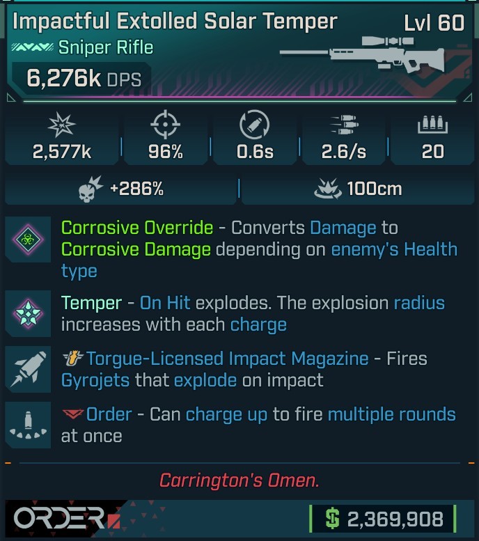 ⭐[MODDED] L60 SOLAR TEMPER (CORROSIVE CONVERT) - 6,276K DPS - 286% CRIT DMG - 96% ACCURACY - 0.6s RELOAD - 2.6/s FIRE RATE - GYROJETS⭐