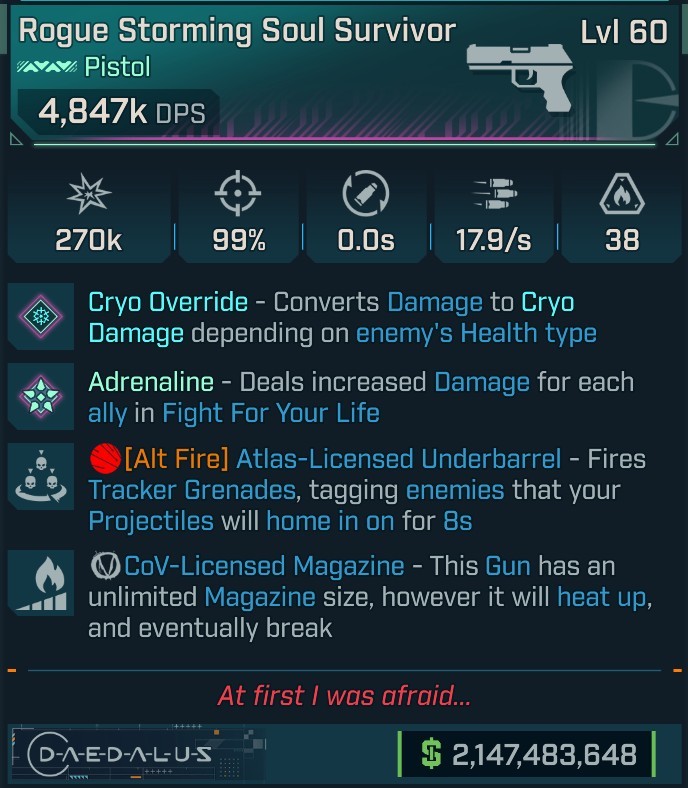 ⭐[MODDED] L60 SOUL SURVIVOR (CRYO CONVERT) - 4,847K DPS - 99% ACCURACY - 17.9/s FIRE RATE - TRACKER GRENADES - COV MAG⭐