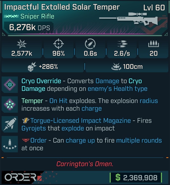 ⭐[MODDED] L60 SOLAR TEMPER (CRYO CONVERT) - 6,276K DPS - 286% CRIT DMG - 96% ACCURACY - 0.6s RELOAD - 2.6/s FIRE RATE - GYROJETS⭐