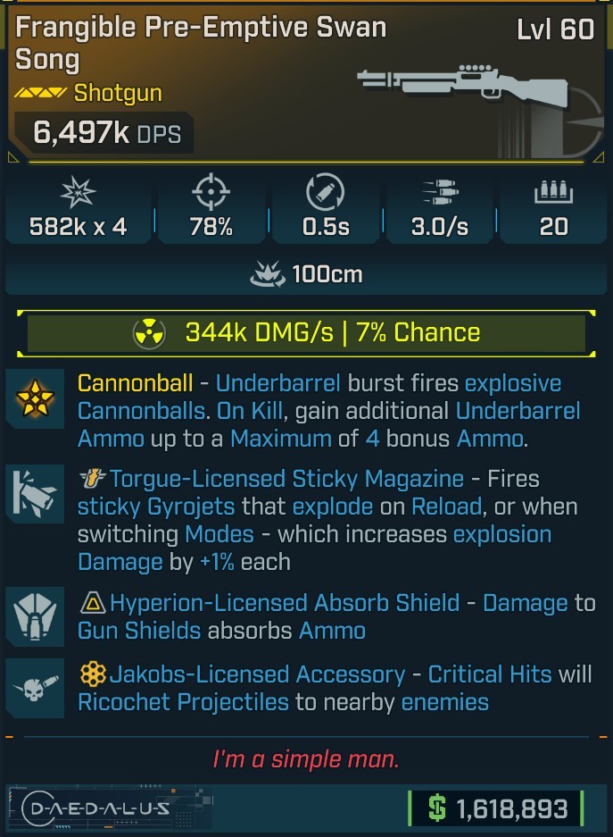 ⭐[MODDED] L60 SWAN SONG (+344K RADIATION DMG/S) - 6,497K DPS - 78% ACCURACY - 0.5s RELOAD - HYPERION ABSORB AMMO - RICOCHET - GYROJETS⭐