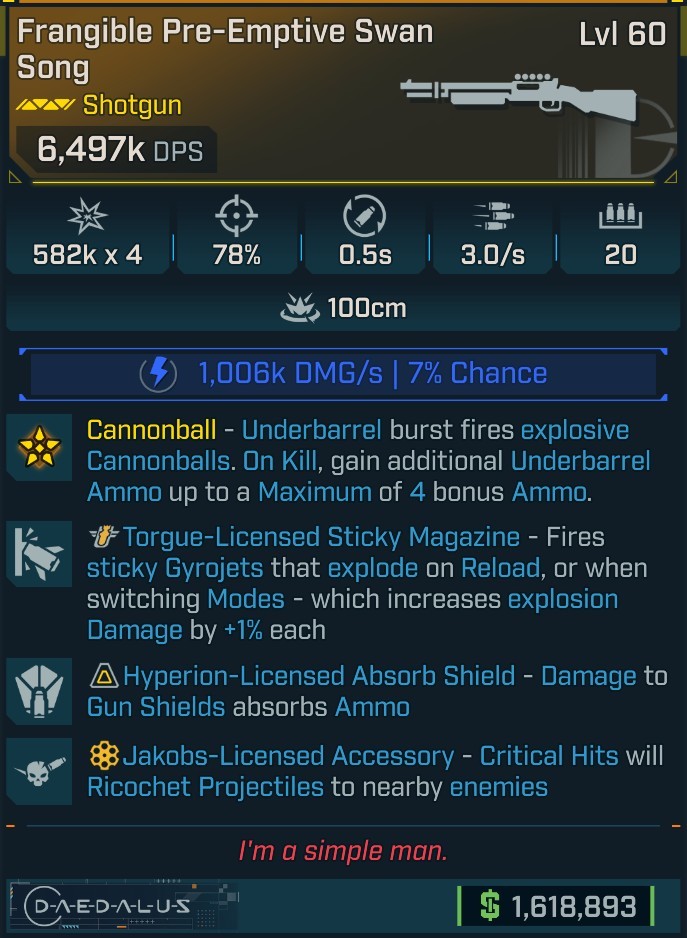 ⭐[MODDED] L60 SWAN SONG (+1,006K SHOCK DMG/S) - 6,497K DPS - 78% ACCURACY - 0.5s RELOAD - HYPERION ABSORB AMMO - RICOCHET - GYROJETS⭐