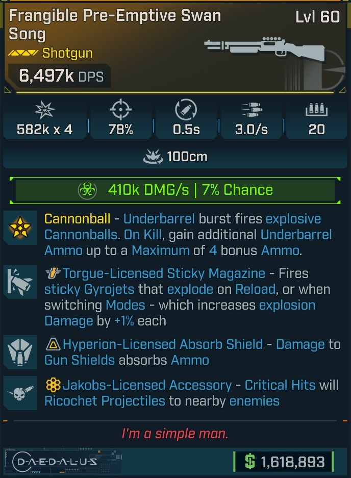 ⭐[MODDED] L60 SWAN SONG (+410K CORROSIVE DMG/S) - 6,497K DPS - 78% ACCURACY - 0.5s RELOAD - HYPERION ABSORB AMMO - RICOCHET - GYROJETS⭐