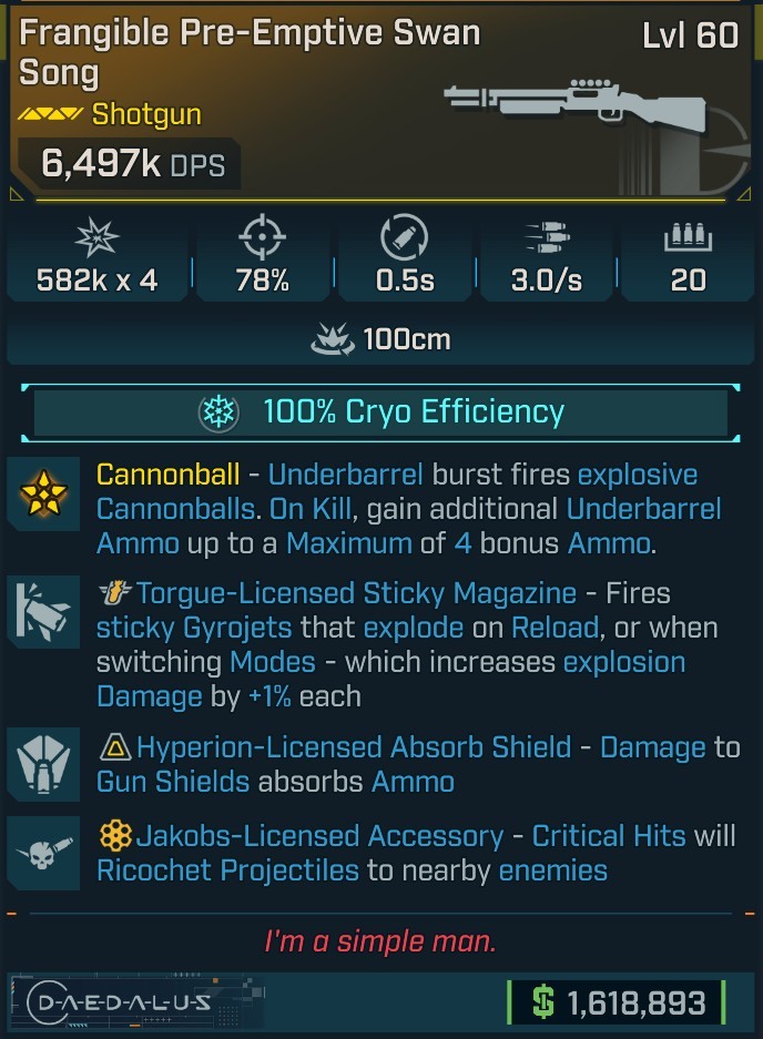 ⭐[MODDED] L60 SWAN SONG (100% CRYO EFFICIENCY) - 6,497K DPS - 78% ACCURACY - 0.5s RELOAD - HYPERION ABSORB AMMO - RICOCHET - GYROJETS⭐