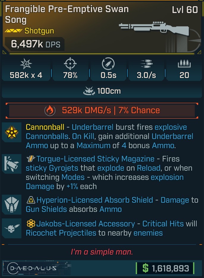 ⭐[MODDED] L60 SWAN SONG (+529K FIRE DMG/S) - 6,497K DPS - 78% ACCURACY - 0.5s RELOAD - HYPERION ABSORB AMMO - RICOCHET - GYROJETS⭐
