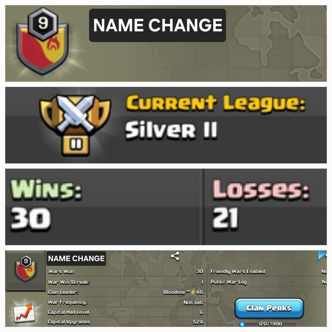 Active Level 9 name change clan || clan capital 6 || silver 2 || warlog 30-21