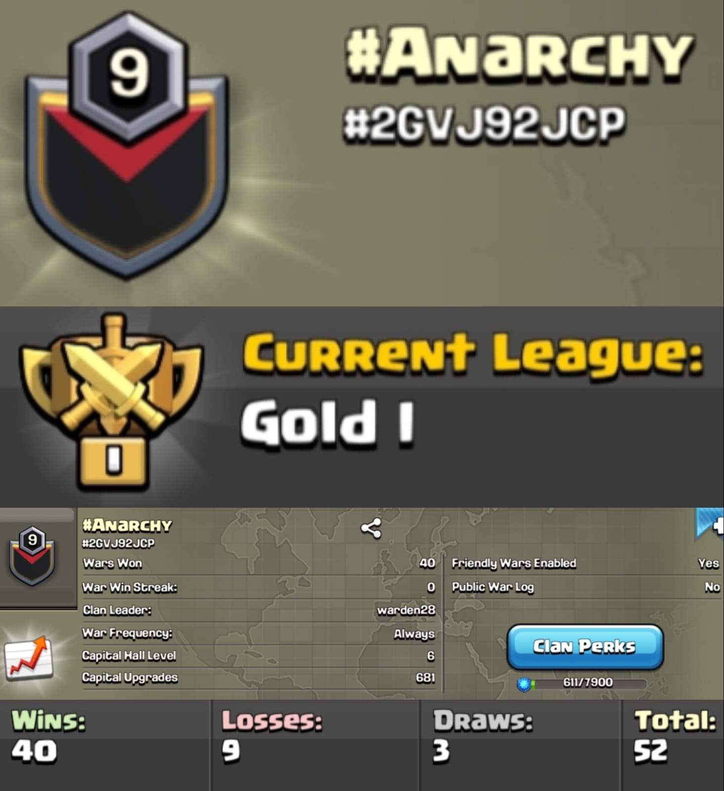 Level 9 clan || clan capital 6 || gold 1 || good warlog 40-9 || name - #Anarchy