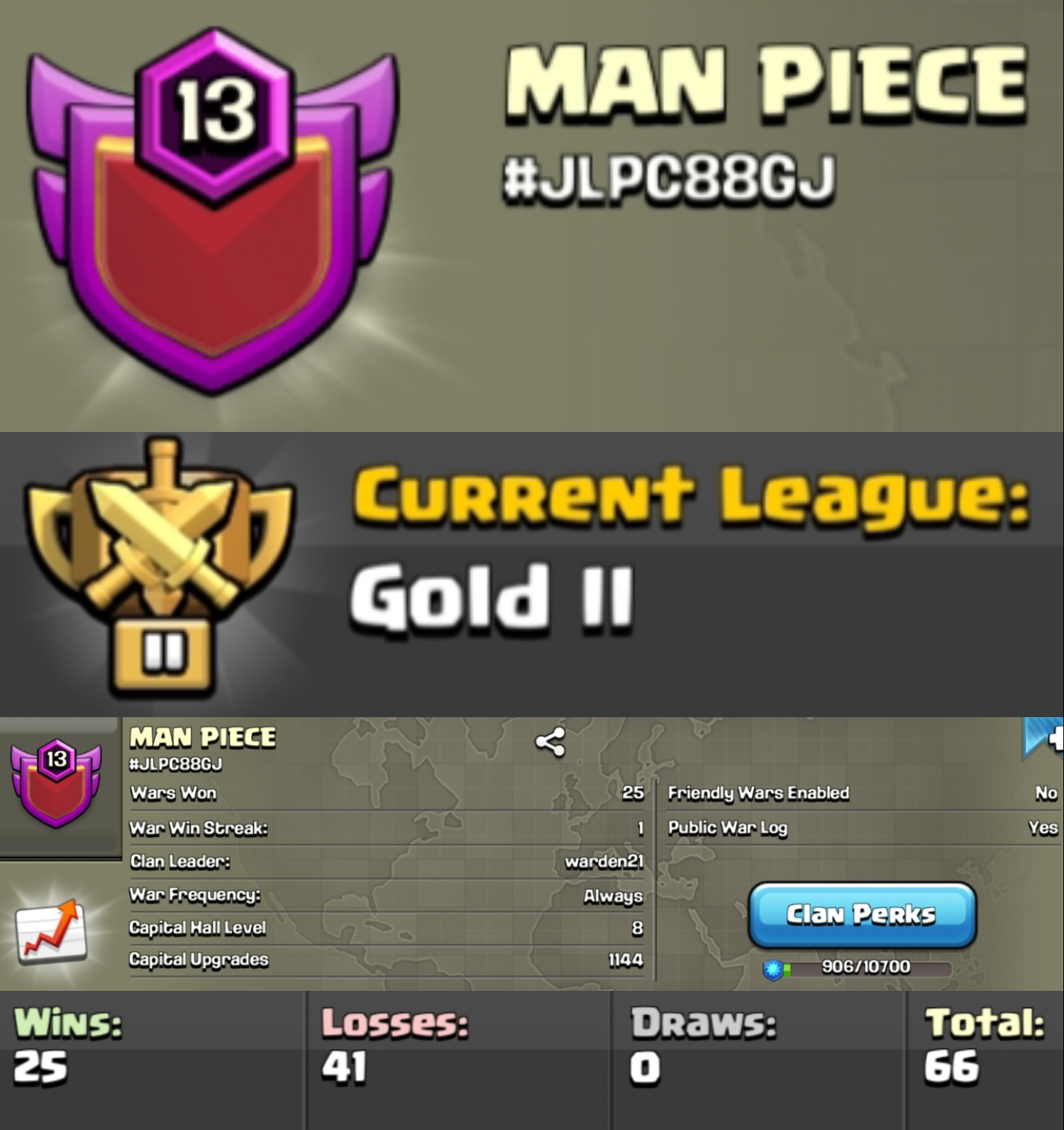Level 13 clan || clan capital 8 || gold 2 || name - MAN PIECE