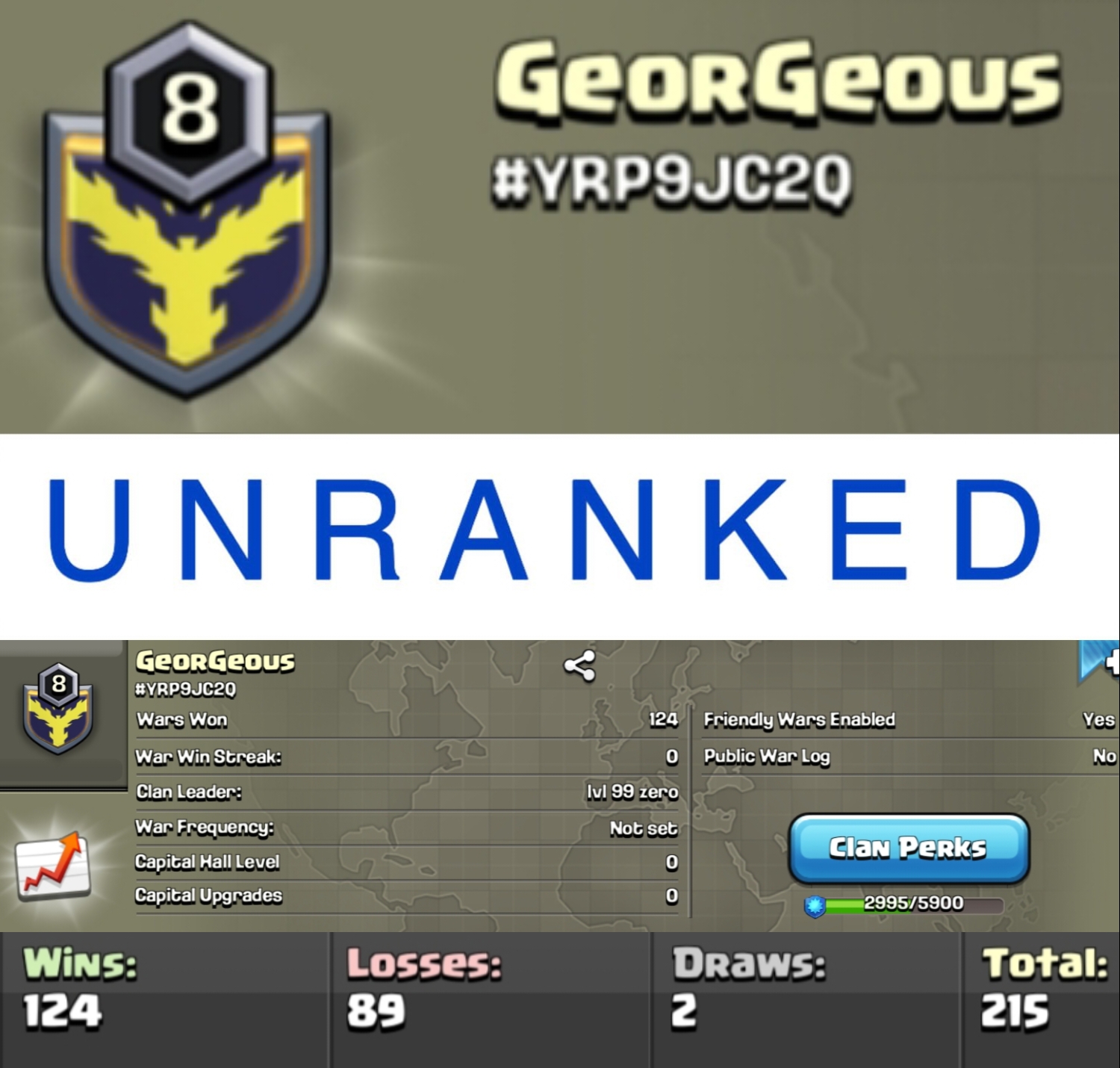 Level 8 unranked clan || warlog 124-89 || name - GeorGeous