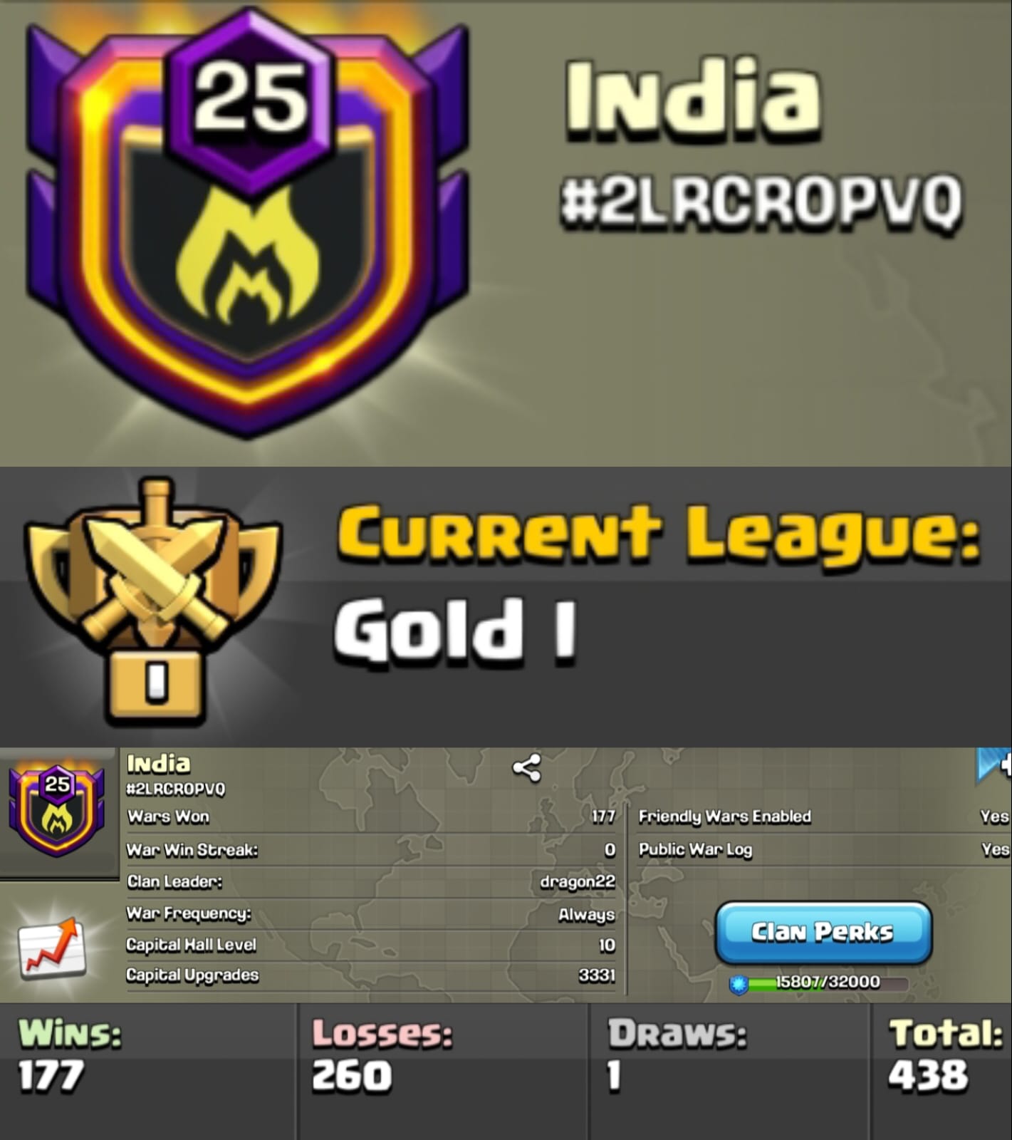 Level 25 clan || clan capital 10 maxed || gold 1 || name - India