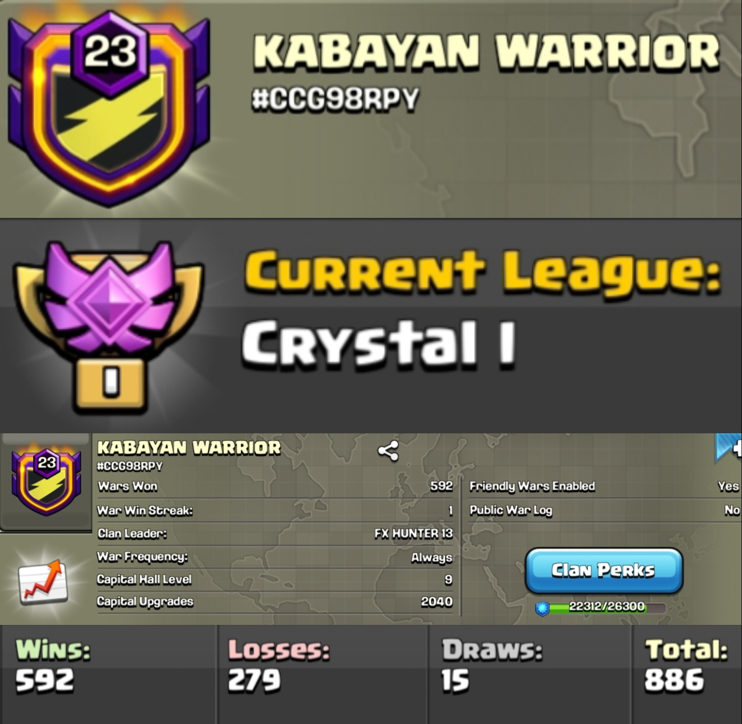 Level 23 clan || clan capital 9 || crystal 1 || warlog 592-279 || name - KABAYAN WARRIOR