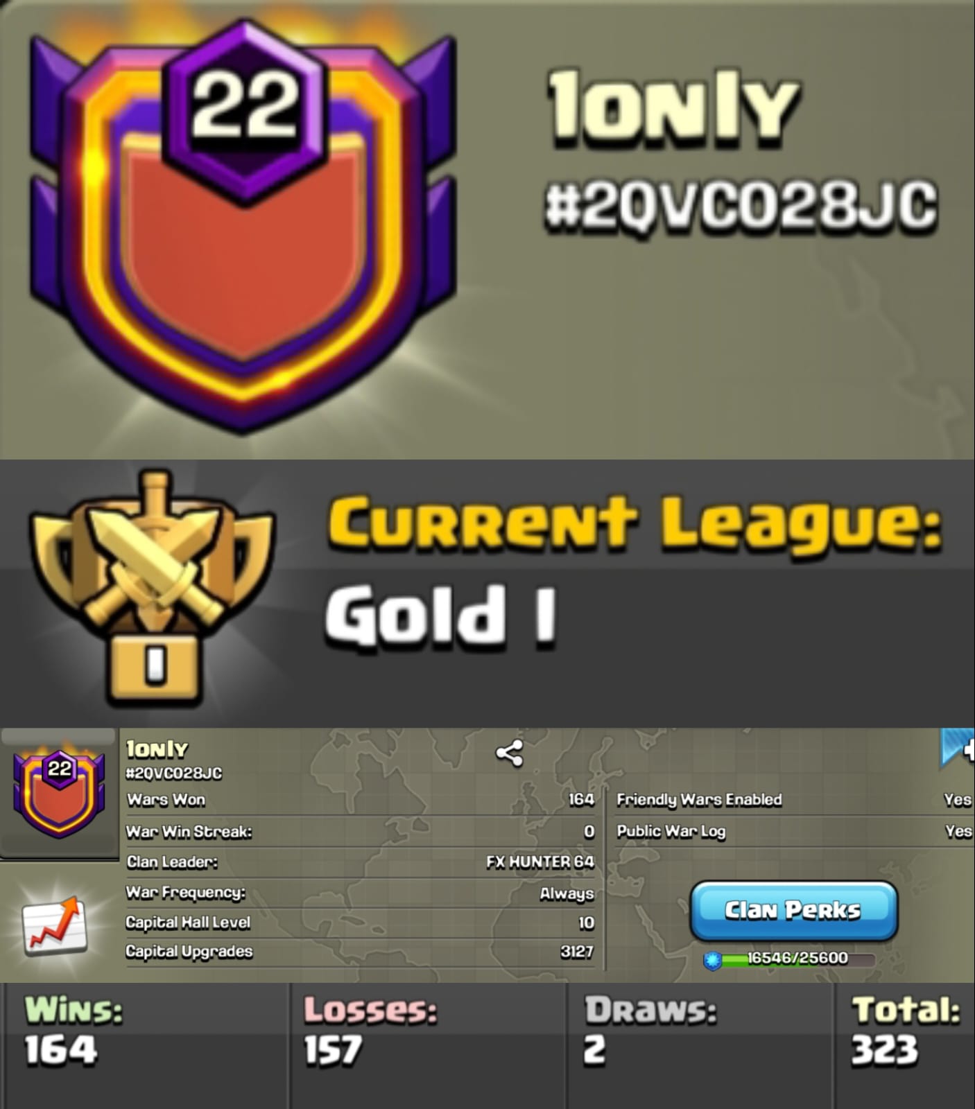 Level 22 clan || clan capital 10 || gold 1 || warlog 164-157 || name - 1only