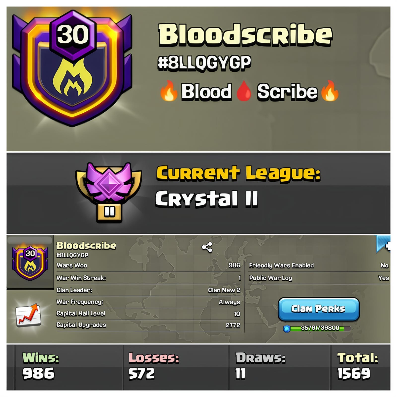 NEAR 1000 WINS CLAN🔥{BEST} LVL 30 CLAN🔥CHEAPEST🔥Name - Bloodscribe🔥 CAPITAL HALL 10🔥 CRYSTAL LEAGUE 2🔥GRAB IT FAST!