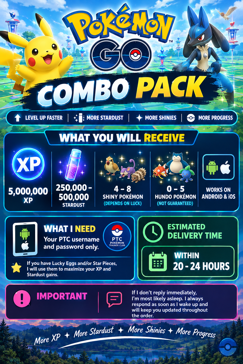 Pokémon GO Combo Pack | 5 Million XP Service | 250K–500K Stardust | 4–8 Shinies | Fast Delivery.