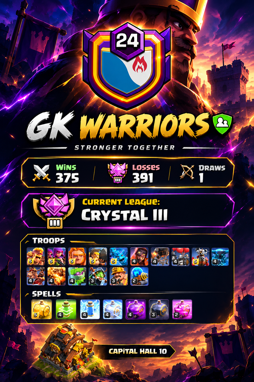👑 GK WARRIORS | LVL 24 | CRYSTAL III | 375 WAR WINS | CC 10
