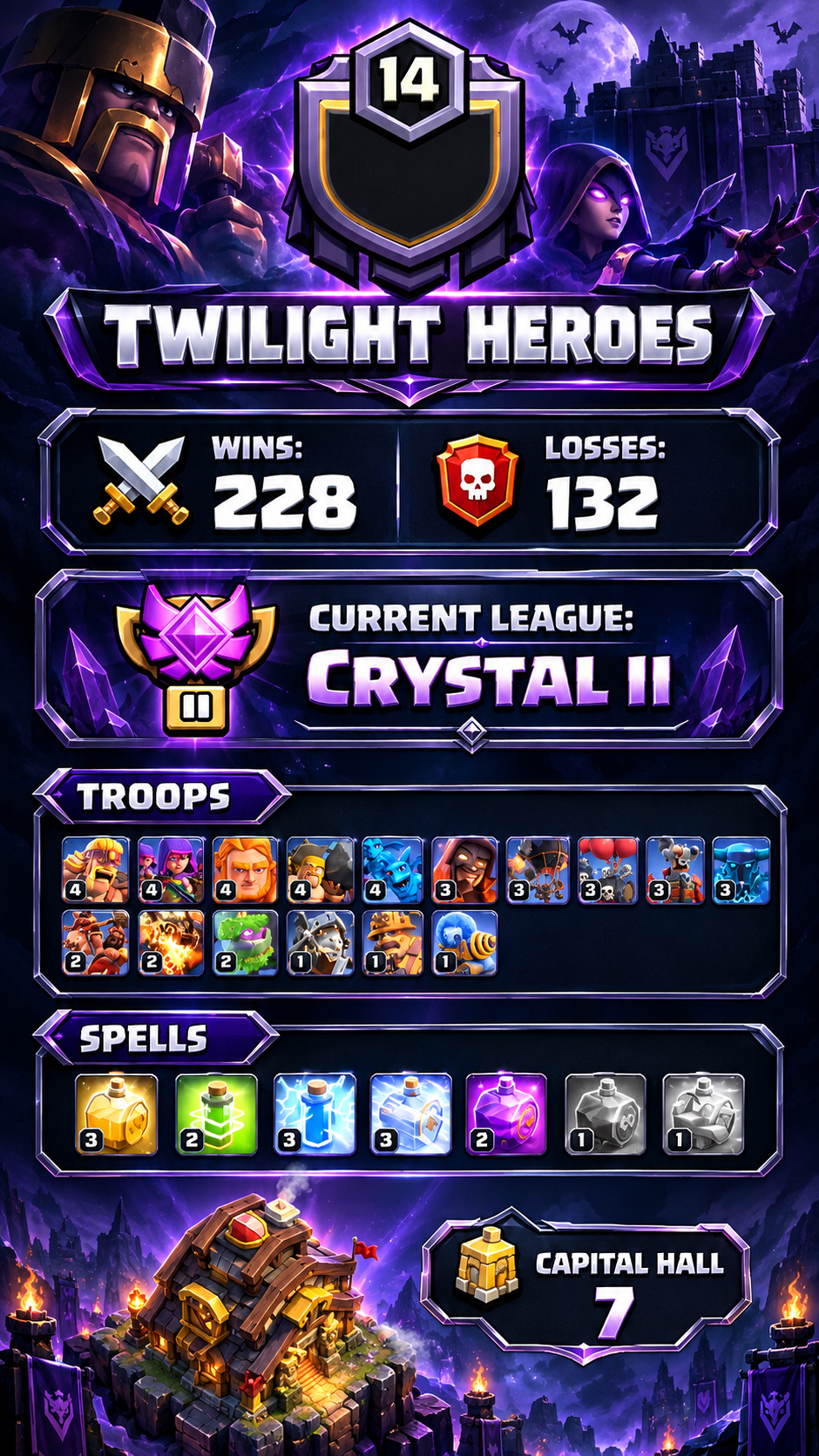 🔥 TWILIGHT HEROES | LEVEL 14 | CRYSTAL II | 228 WAR WINS | CAPITAL HALL 7 | DEVELOPED TROOPS & SPELLS