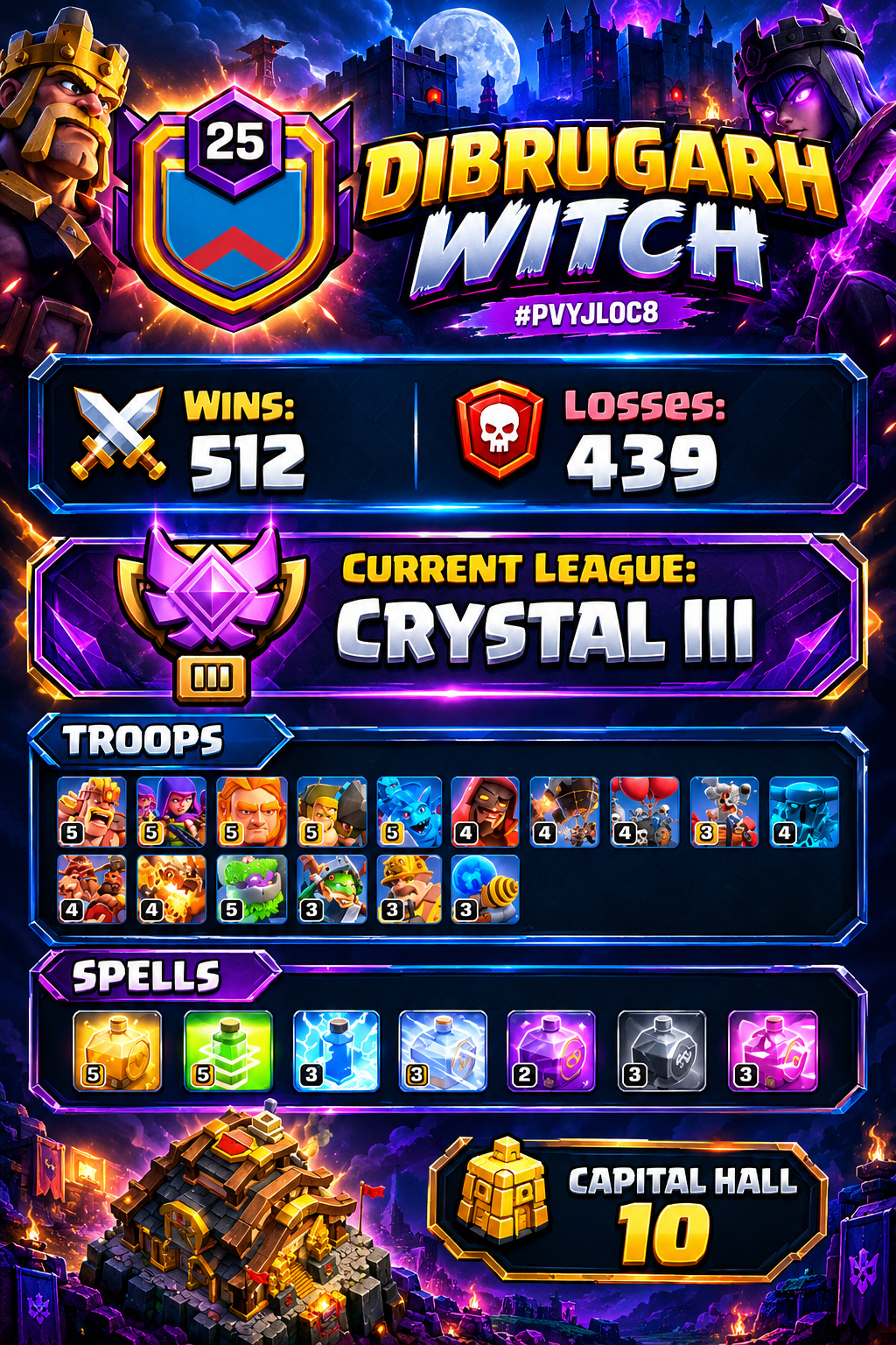 🔥 DIBRUGARH WITCH | LEVEL 25 | CRYSTAL III | 572 WAR WINS | CAPITAL HALL 10 | DEVELOPED TROOPS & SPELLS