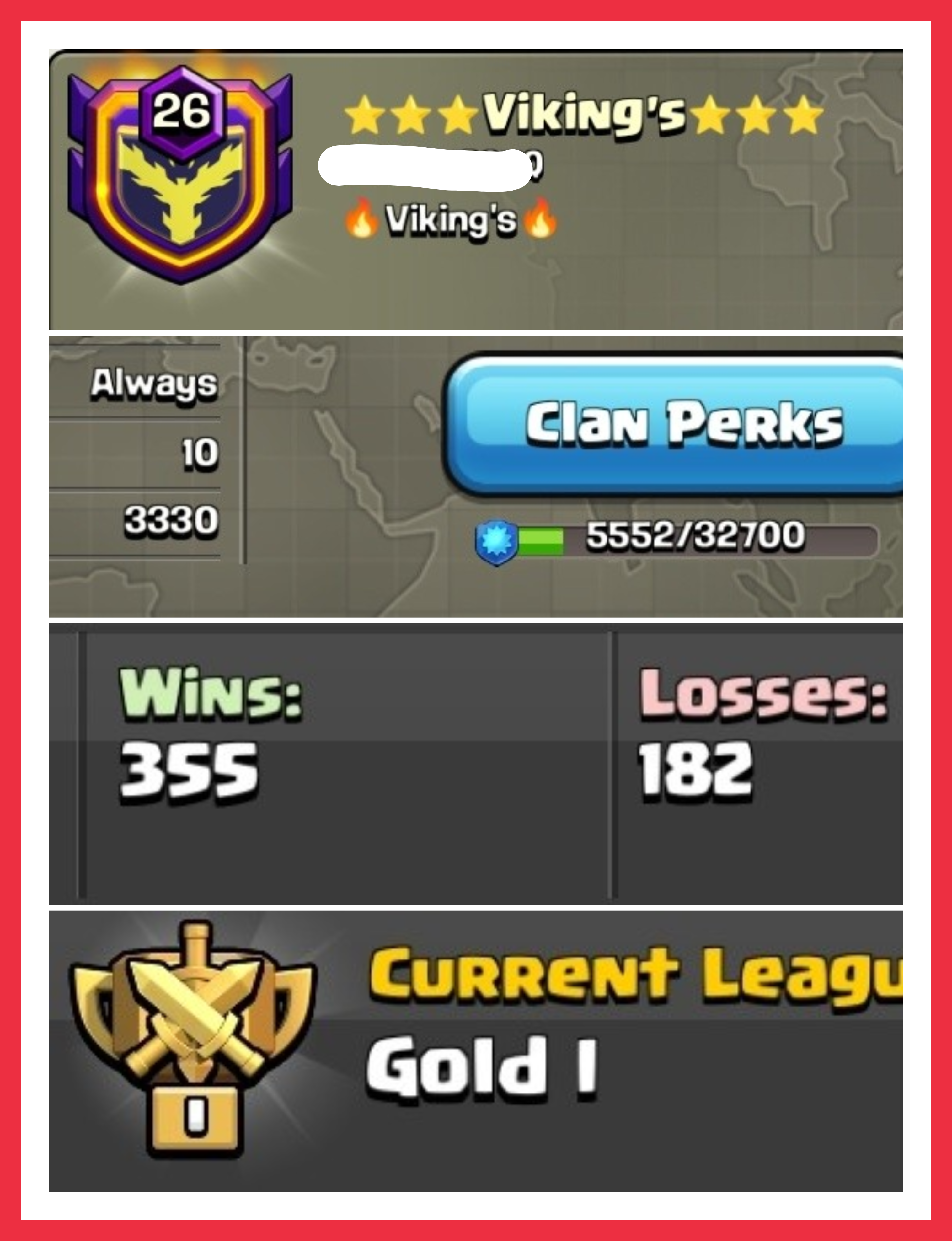🧨 NAME - Viking's 🧨 LEVEL 26 🧨 GOLD 1 🧨 CC 10 MAX 🧨 355:182 WAR LOG 🧨 INSTANT DELIVERY ✅