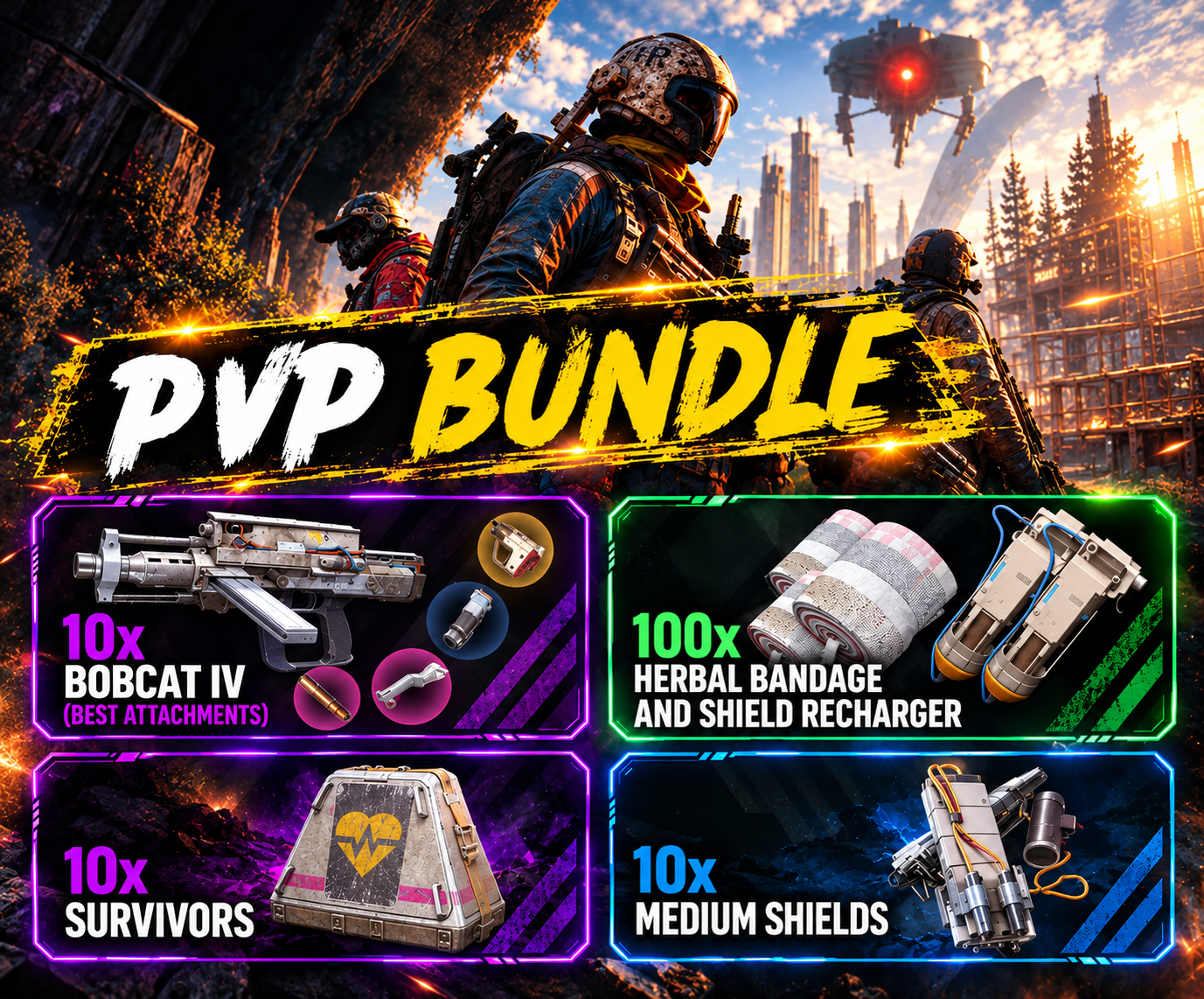 PvP Bundle [ 10x Bobcats best attachments + 100x Herbal Bandages and Shield Rechargers + 10 Survivors + 10 Medium Shields ]