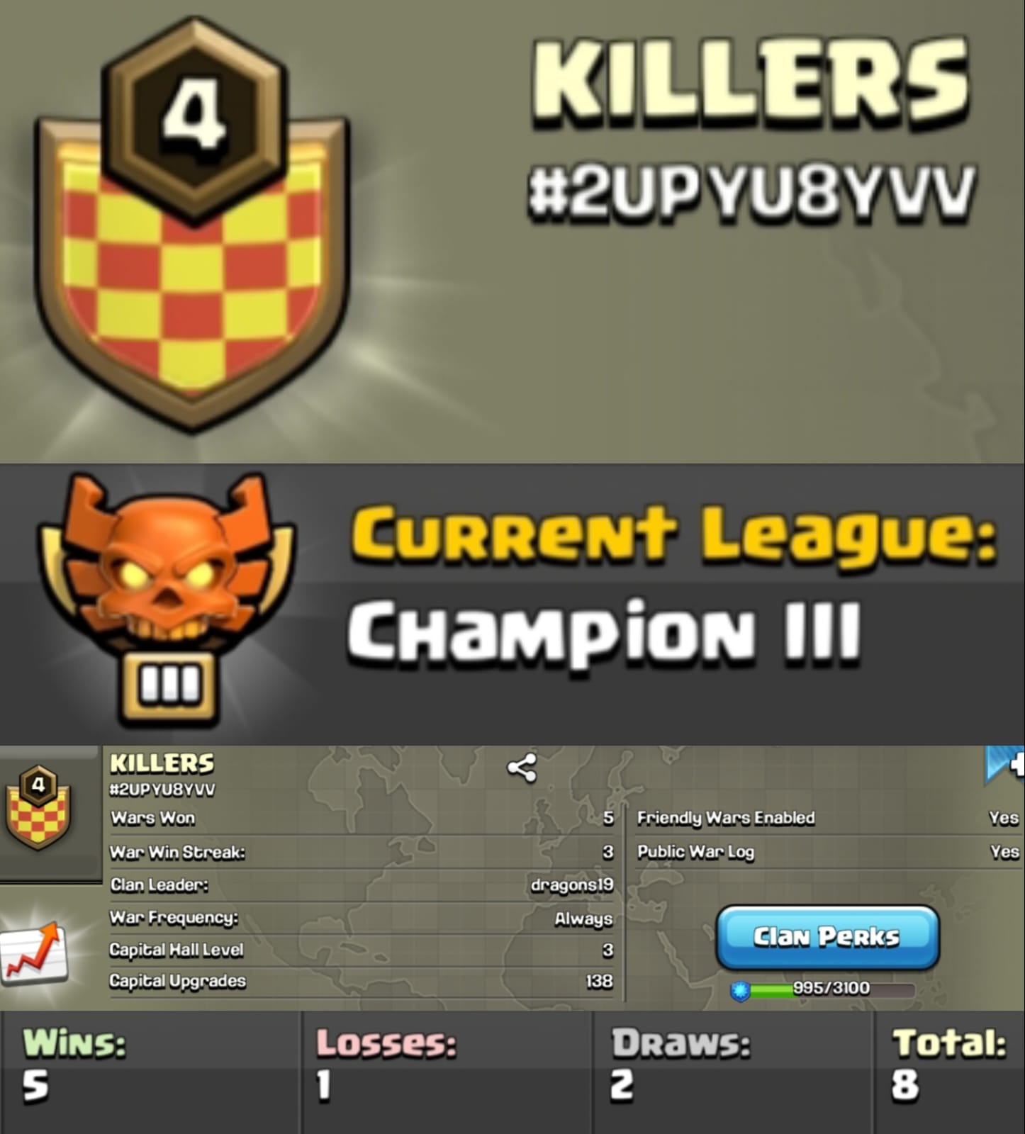 Level 4 clan || CHAMPION 3 || warlog 5-1 || name - KILLERS