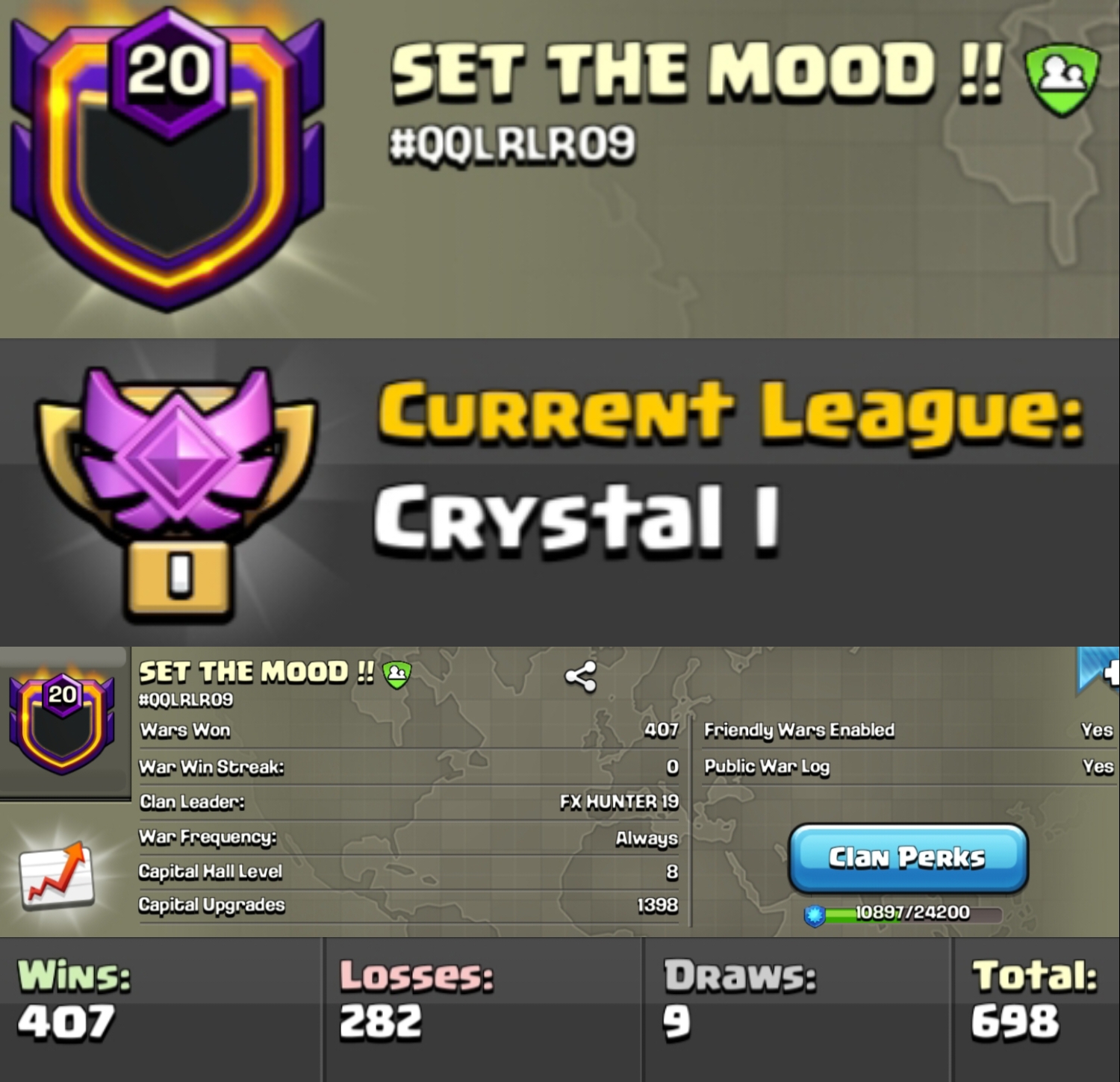 Level 20 clan || clan capital 8 || crystal 1 || warlog 407-282 || name - SET THE MOOD!!