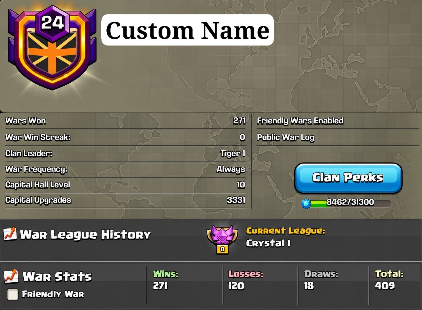Name Change Clan | Lvl 24 | Buyer choice name | Crystal 1 | Capital MAX | War- Win 271, Loss 120