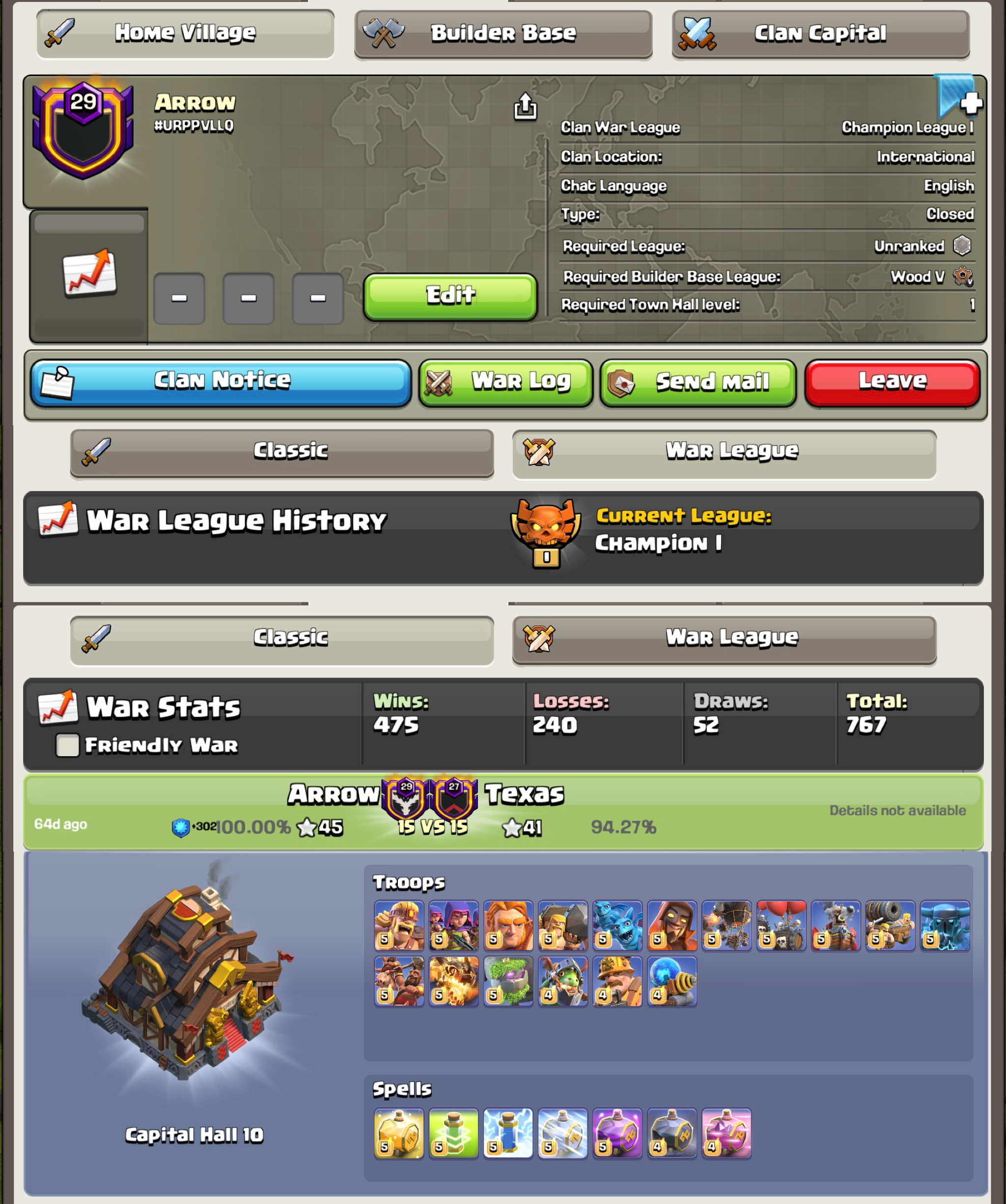 29 LEVEL 💢 Champion League 1 🏆 Name - Arrow 🔥 Maxed Clan Capital 🎖️