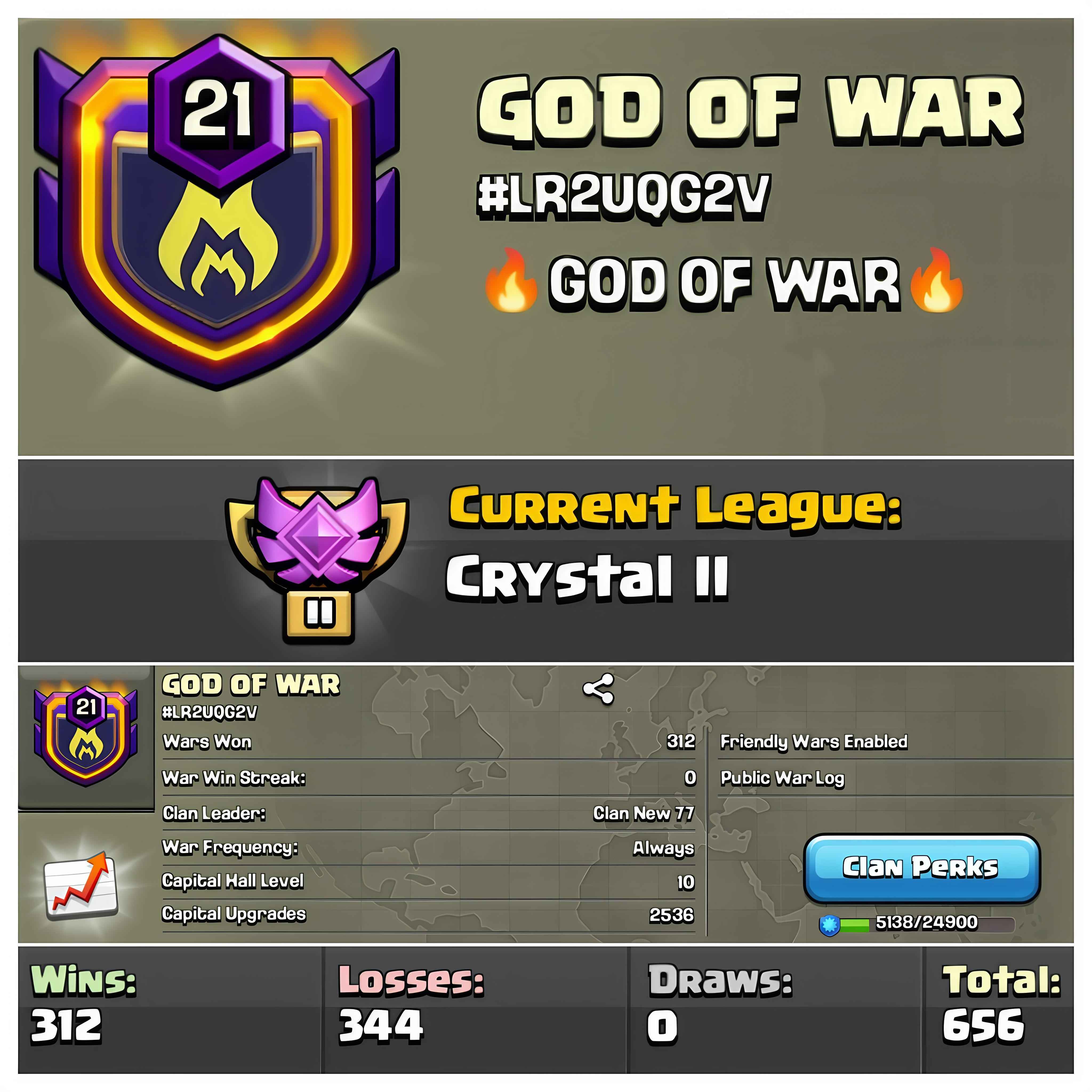 š„GOD OF WARš„LVL 21 CLANš„CAPITAL HALL 10š„CRYSTAL LEAGUEš„BEST CLAN IN THE MARKET!