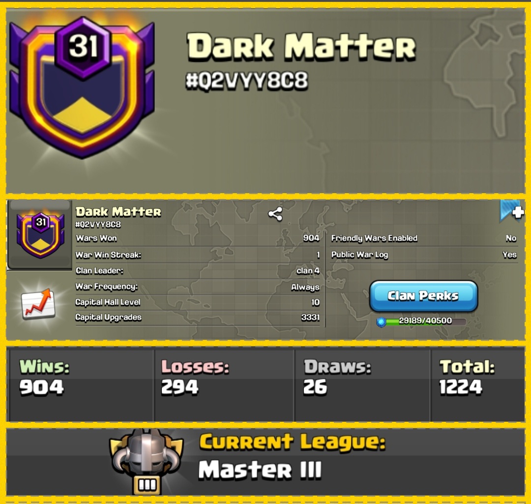 Level 31 💥 Name - Dark Matter 💥 900+ Win 💥 Capital Hall 10 Maxed 💥 Master League 💥 Rare