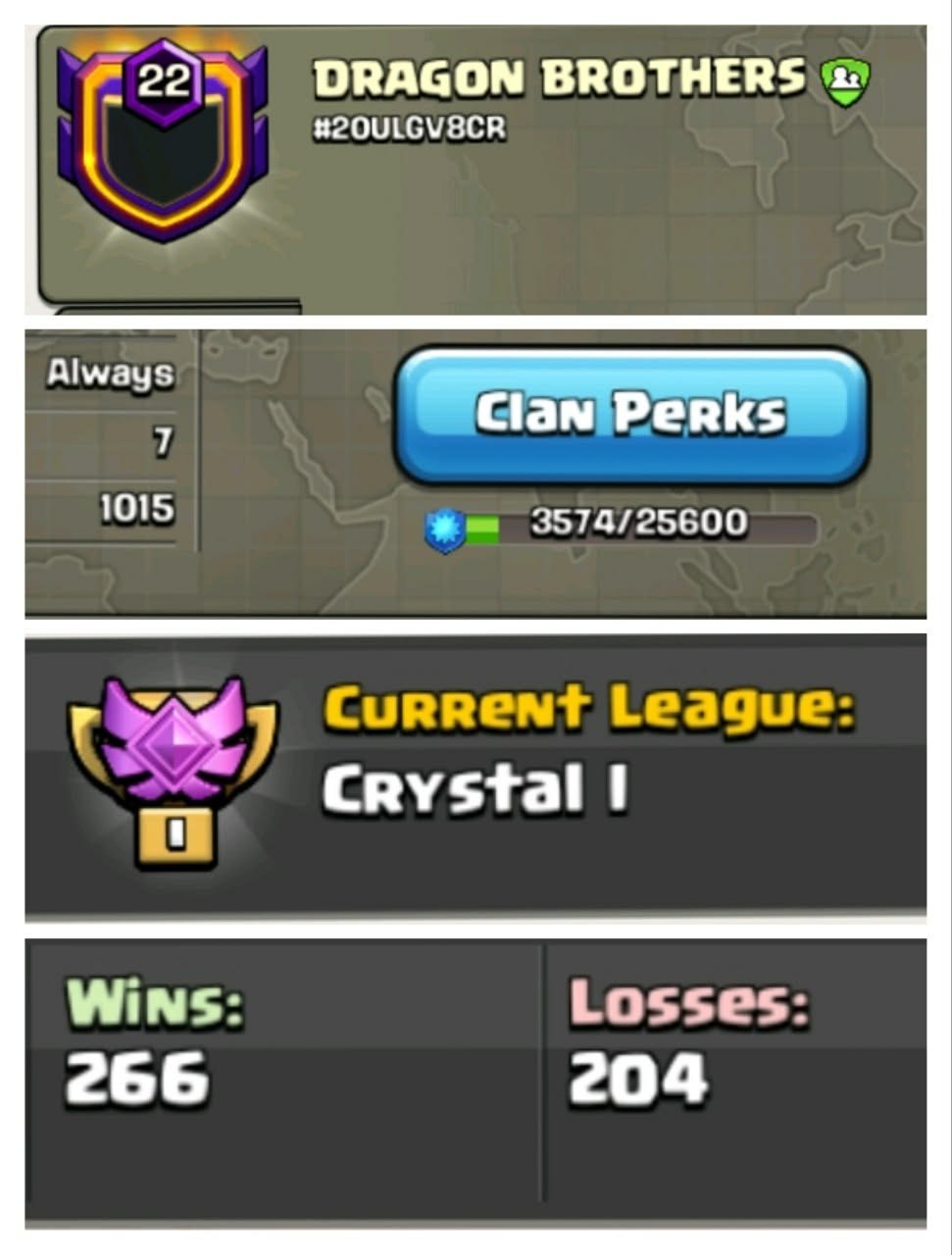 Name= Dragon Brothers💥 Level 22  💥 Crystal League 1 💥 Good War log 💥 Fast Delivery