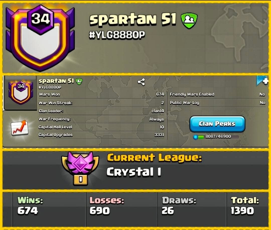 Clan level 34 🔥 Name - Spartan 🔥 Capital Hall 10 Full Max 🔥 League - Crystal 1 🔥 Fast Delivery