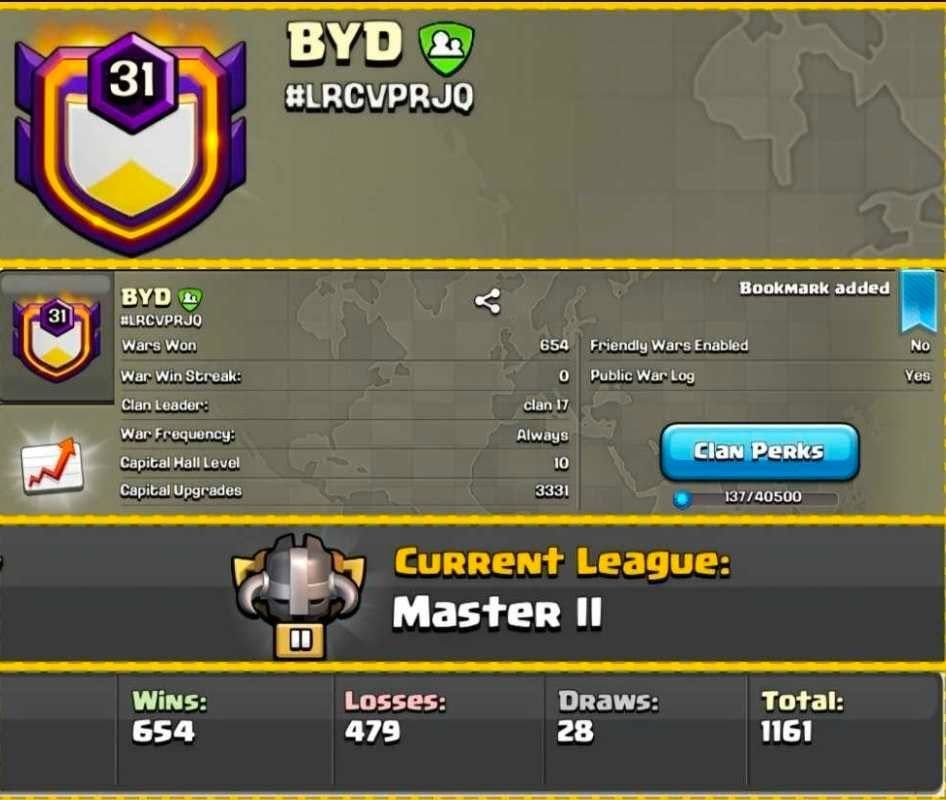Name - BYD 🔥 level 31 🔥 League master 2 🔥 Capital Hall 100% Max 🔥 Positive War log 🔥 Fast Delivery