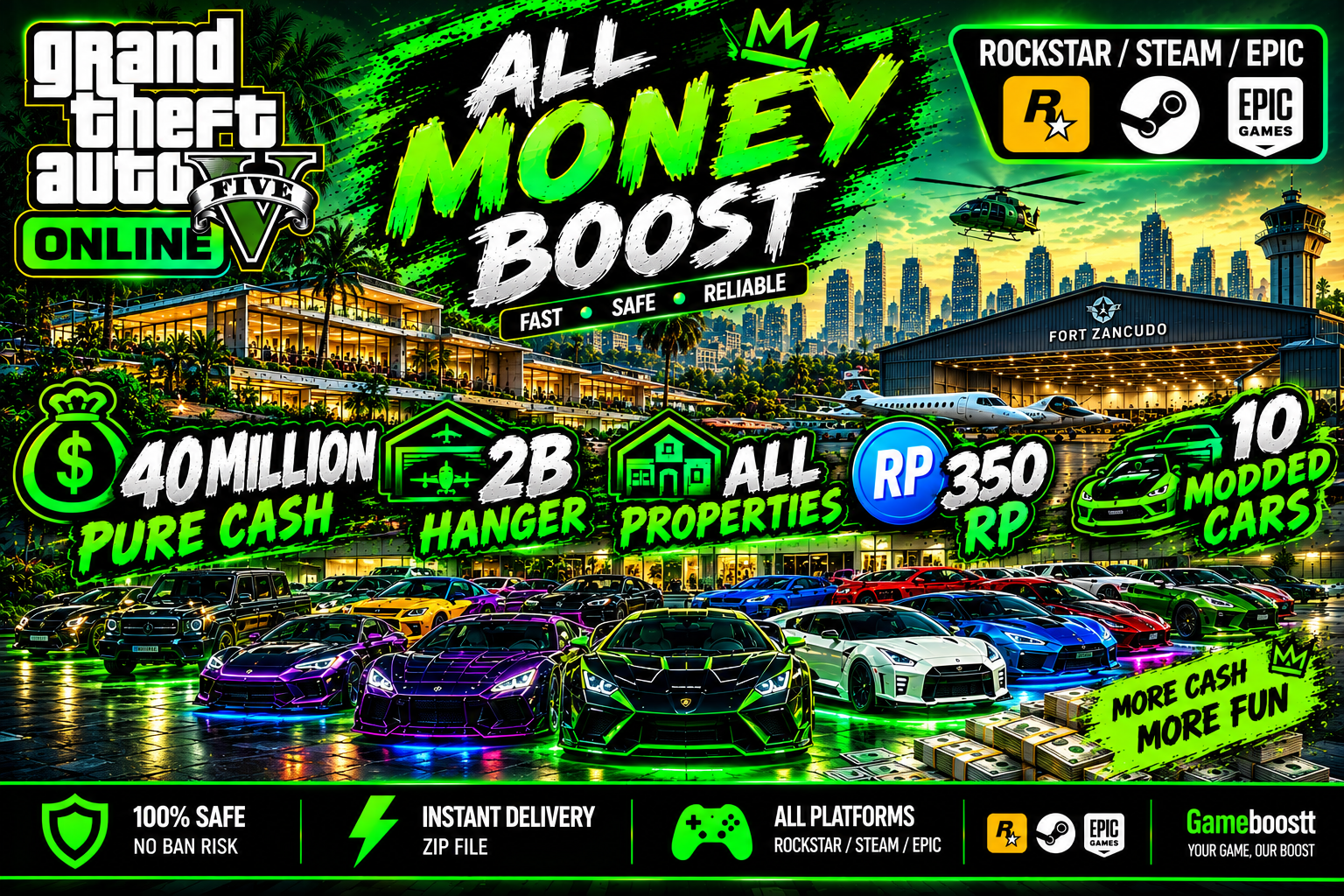 💰 40M Pure Cash + 2B Hanger + All Properties + 350 RP • Enhanced/Legacy • Rockstar/Steam/Epic • GTA V Online 💸 Money Boost