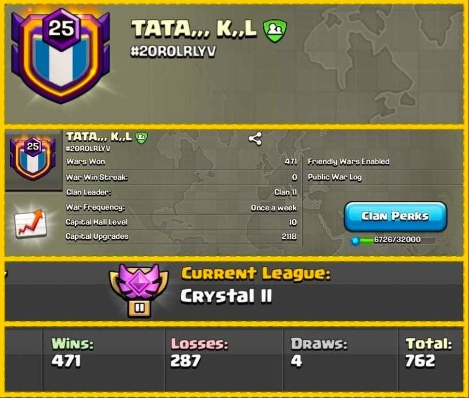Clan Level 25🌟 Top Rare Name = TATA,, K,,L 🌟CP 10 🌟Crystal -2 🌟 4/2 War Log🌟 Fast Delivery