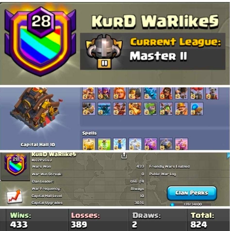 Clan Level 28 🔥 English Name 🔥 Kurd War Likes 🔥 Master 2 🔥 CP 10 Max 🔥 Fast Delivery