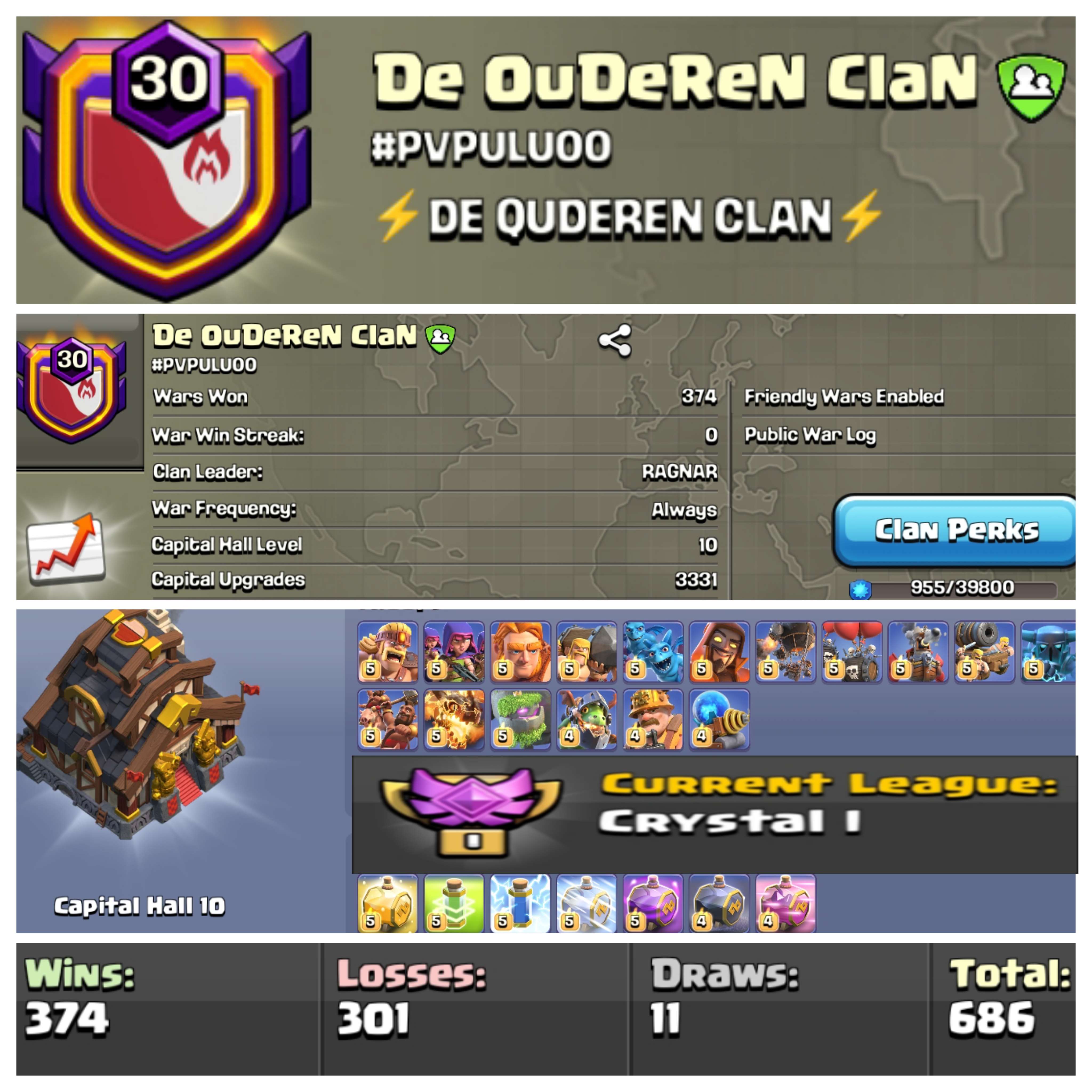LEVEL 30 ⚡ NAME: DE OUDEREN CLAN ⚡ CC MAX ⚡ CRYSTAL 1 ⚡ WARLOG WIN: 374 / LOSSES 301 ⚡ INSTANT DELIVERY 🚚
