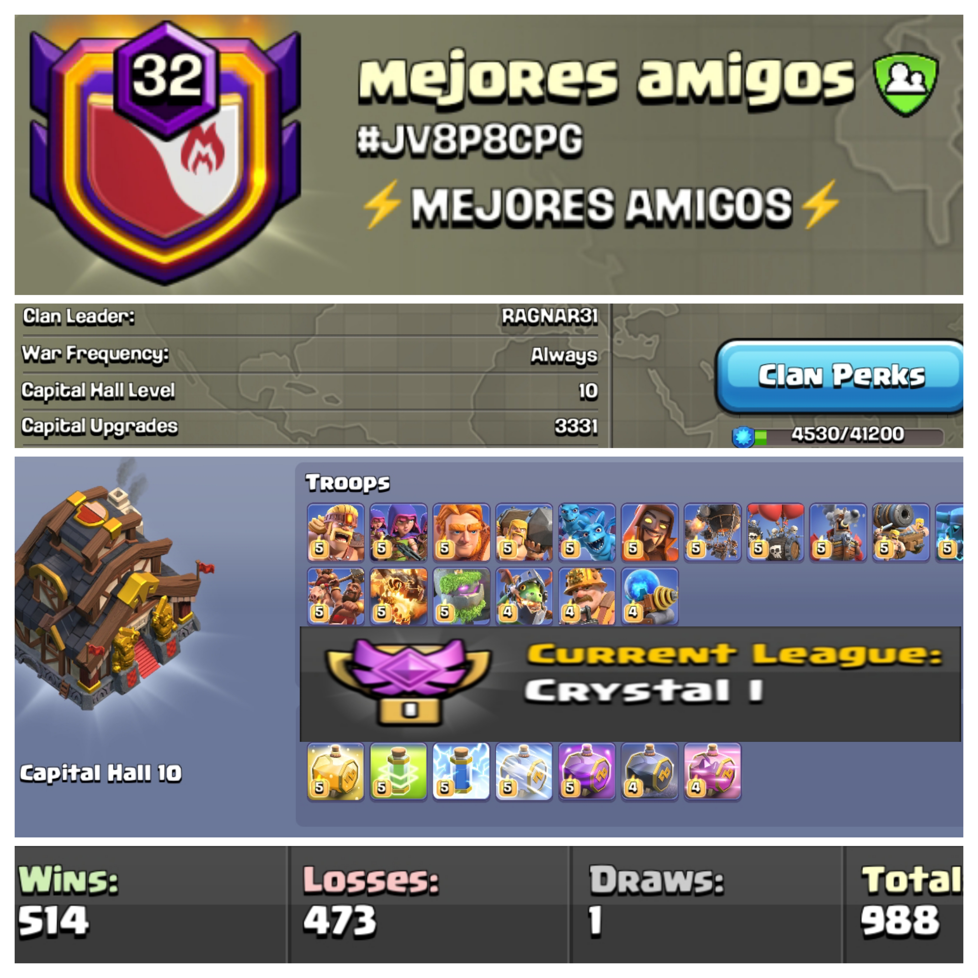 LEVEL 32 ⚡ NAME: MEJORES AMIGOS ⚡ CC MAX ⚡ CRYSTAL 1 ⚡ WARLOG WIN: 514 / LOSSES 473 ⚡ INSTANT DELIVERY 🚚