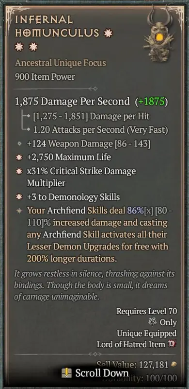 ✧・゚:*✧ Diablo 4 Infernal Homunculus One-handed Weapon ✧・゚:*✧ Offer alert ✧・゚:*✧